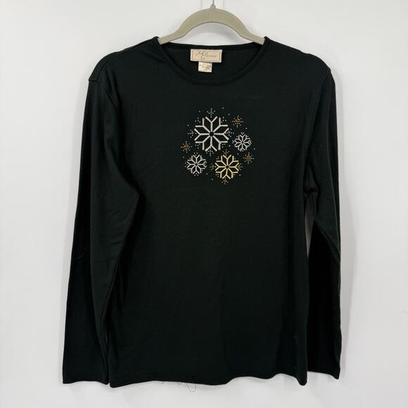 M&C Sportswear Christmas Top Size L Long Sleeve T Shirt Black Bling Snowflakes - Picture 8 of 8